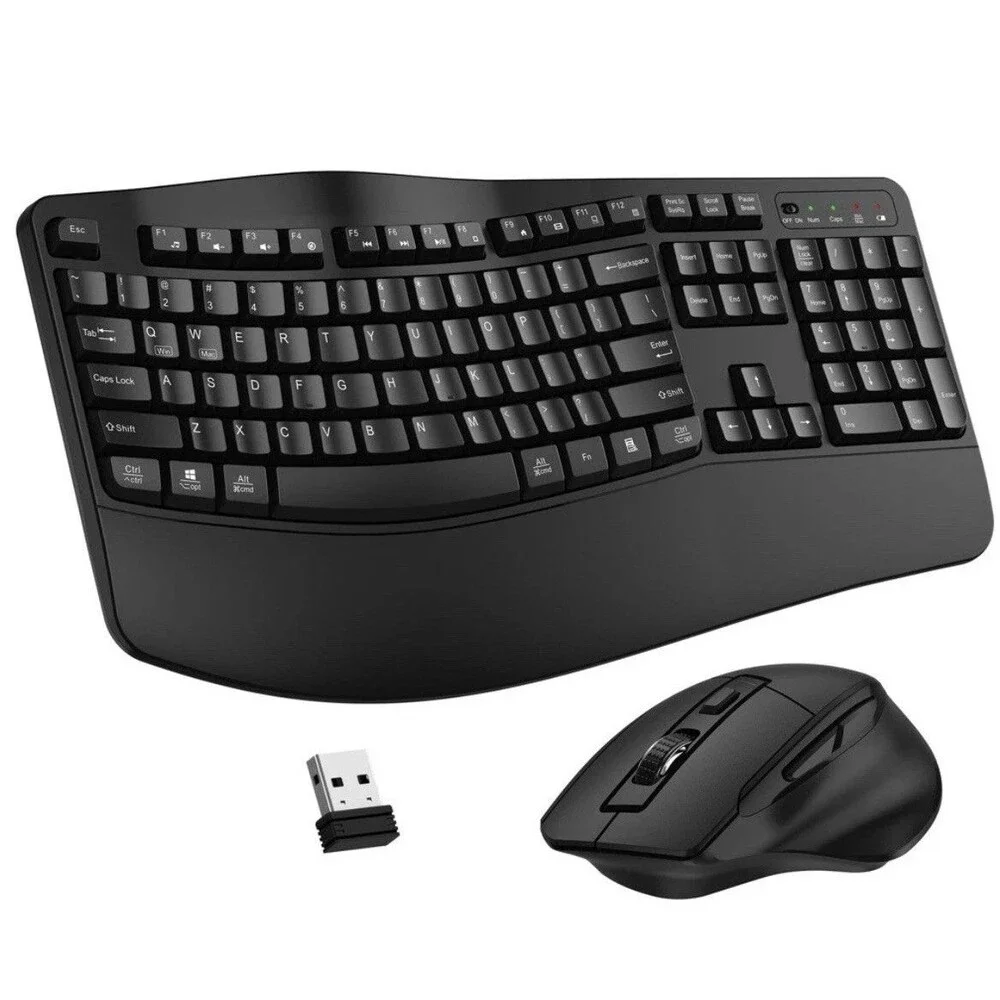 Wireless Keyboard and Mouse Combo, 2.4G Full Size Wave Keys Ergonomic Keyboard